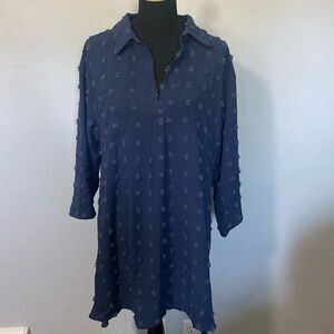 B Tunic Dress Collared V-Neck Swiss-dot Pom 3/4 Button-up Sleeves Sz XL